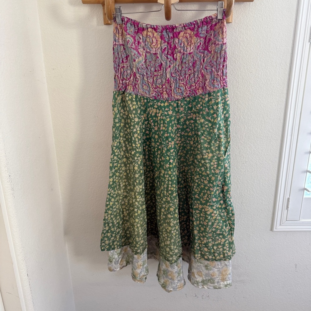 Boho 100% silk multicolor patchwork midi smocked … - image 4